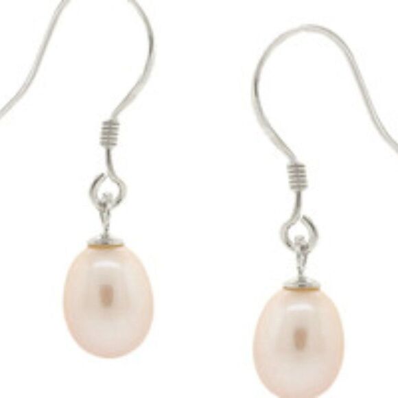 BEST SILVER, NEW STERLING SILVER LIGHT PINK FRESH-WATER PEARL DROP EARRINGS - Picture 1 of 5